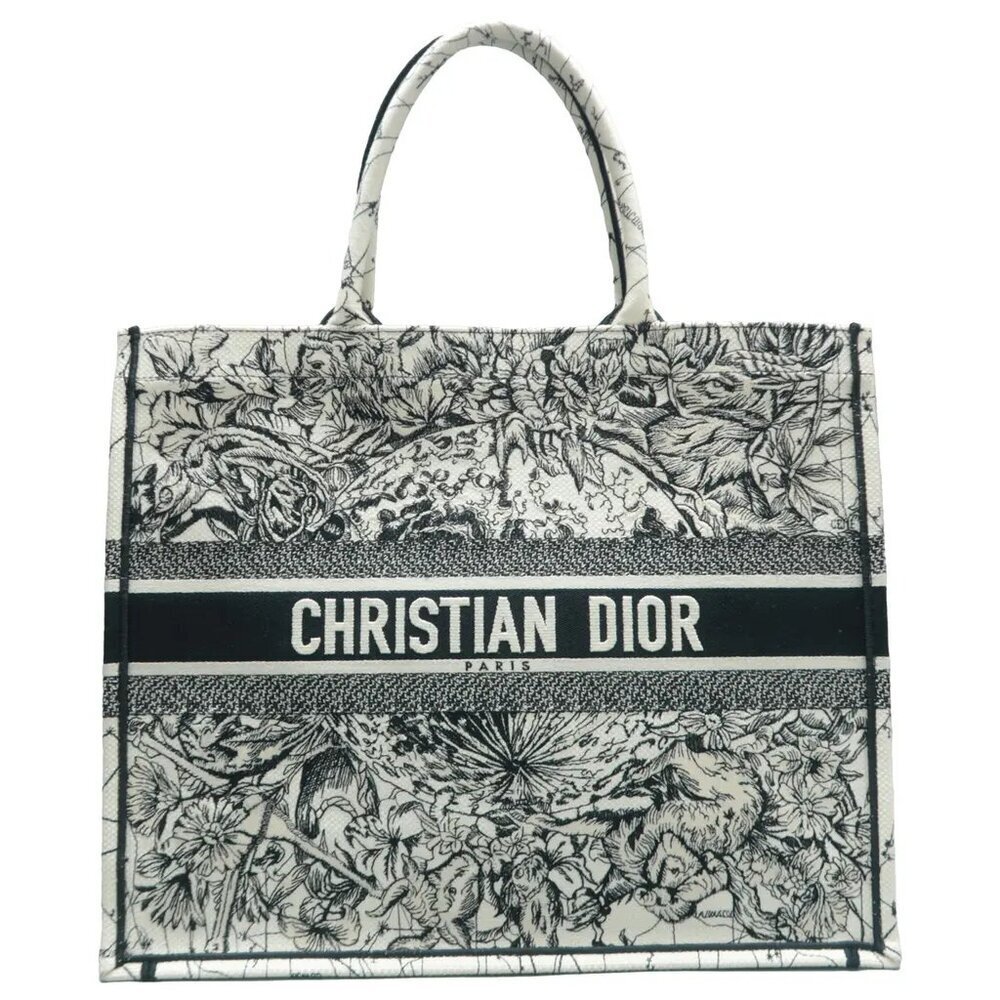 100% Authentic DIOR Book Tote Beige&Black Cloth Shoulder Bag 2152-113024